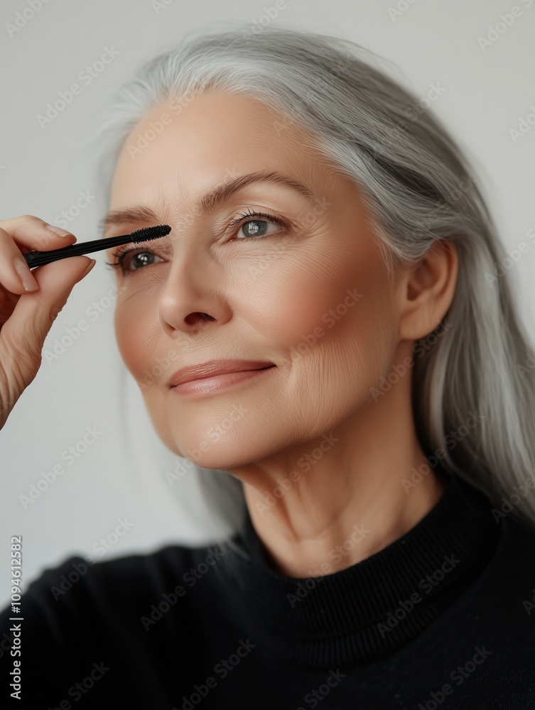 Obraz premium Senior woman applying mascara on eyelashes getting ready for the day