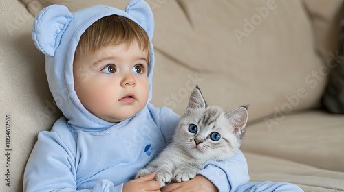 A cheerful young boy in a bear costume cuddles his fluffy kitten in a bright, inviting living room filled with soft textures