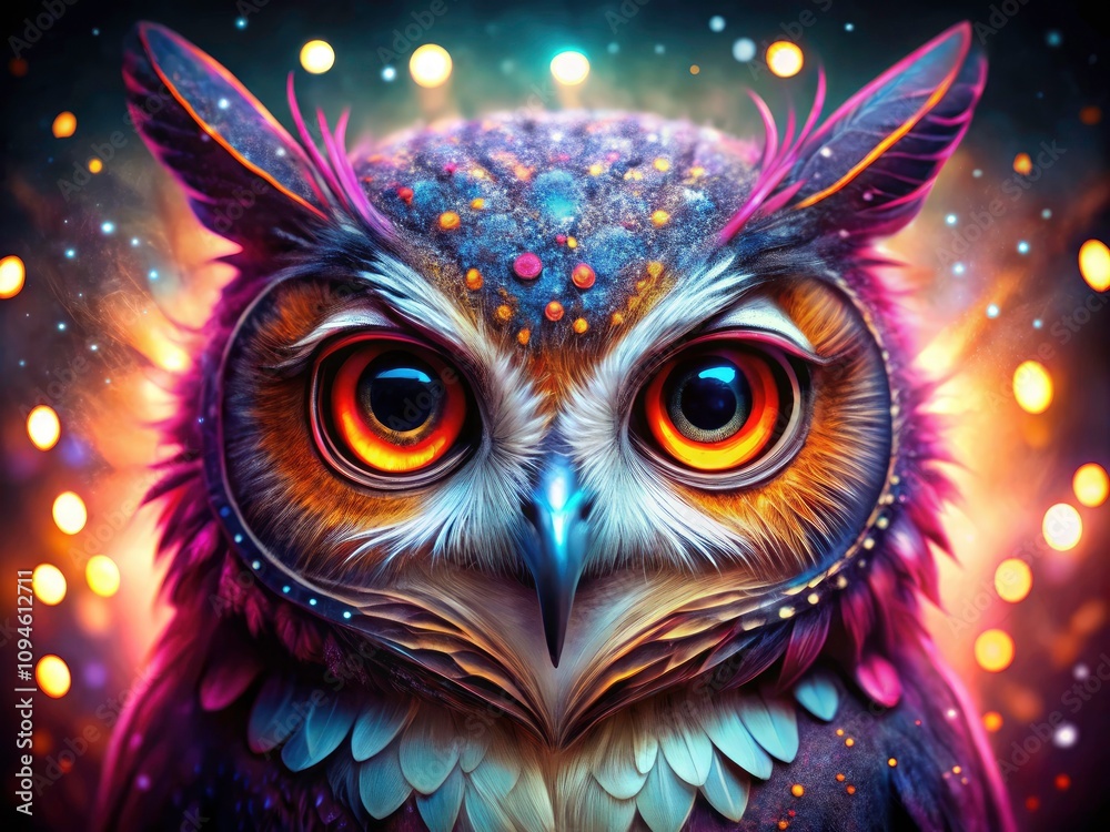 Stunning Close-Up of an Owl's Face with Pink Glowing Eyes and Sparkling Fractal Patterns on Feathers, Captured with Bokeh Effect for Nature and Wildlife Enthusiasts Stunning Close-Up of an Owl's Face with Pink Glowing Eyes and Sparkling Fractal Patterns on Feathers, Captured with Bokeh Effect for Nature and Wildlife Enthusiasts