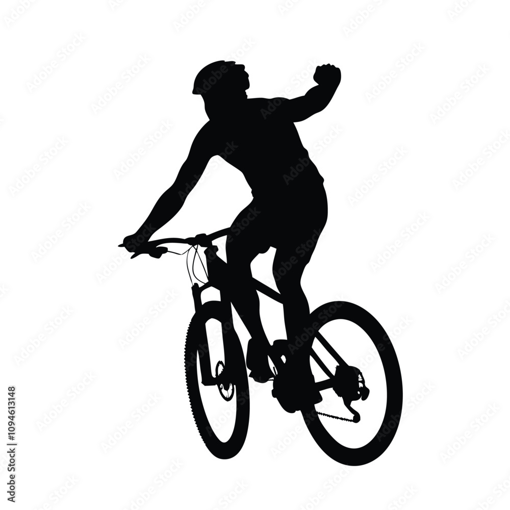 Naklejka premium A man is riding a bicycle. He is wearing a helmet. He is giving a thumbs up