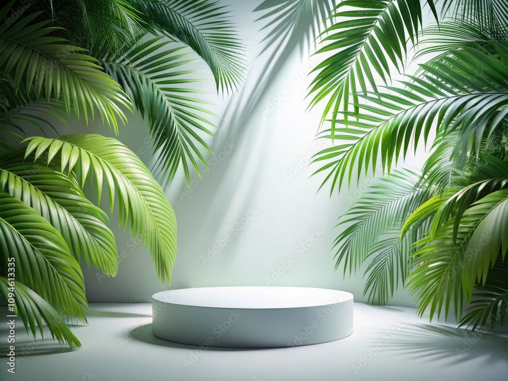 Surreal Minimalist Scene with White Circular Platform and Green Palm Leaves in Soft Light Surreal Minimalist Scene with White Circular Platform and Green Palm Leaves in Soft Light