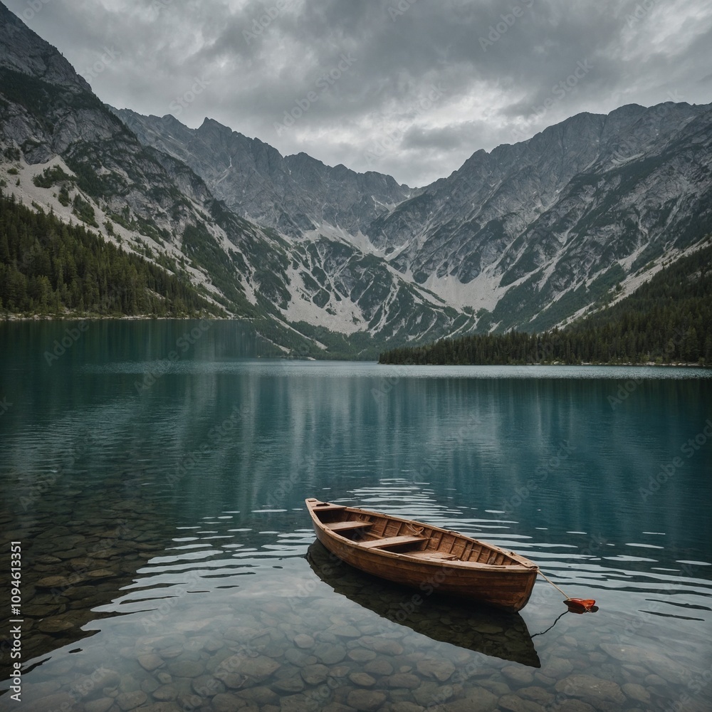 A serene lake surrounded by mountains, with a small wooden boat floating on the water. A serene lake surrounded by mountains, with a small wooden boat floating on the water.