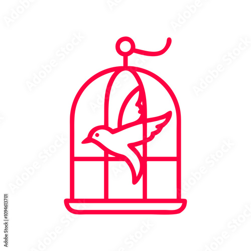 Bird flying out of a simple, stylized birdcage designed in bright red color, symbolizing freedom and escape