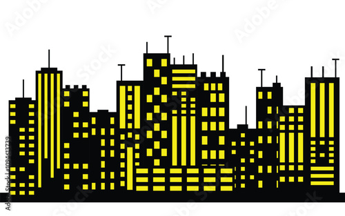 Minimalist cityscape with illuminated windows in black and yellow