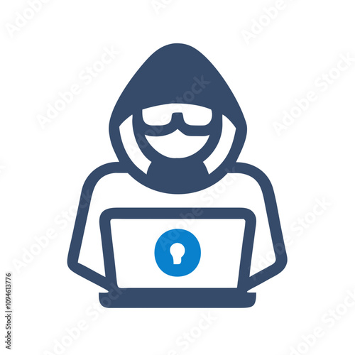 Hacker using a laptop, wearing a hood and sunglasses in a digital workspace, focused on cybersecurity and online protection