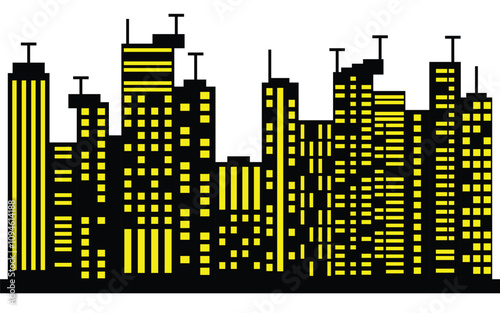 Black city skyline silhouette with yellow windows and modern city buildings on white background.