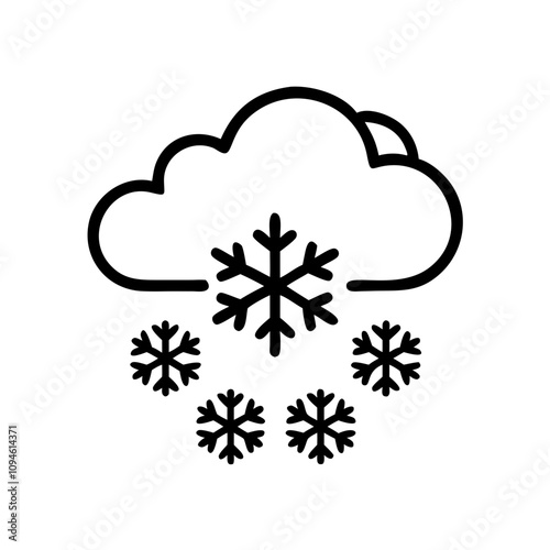 Snowfall represented with a cloud and snowflakes above ground landscape, symbolizing winter weather conditions and cold atmosphere