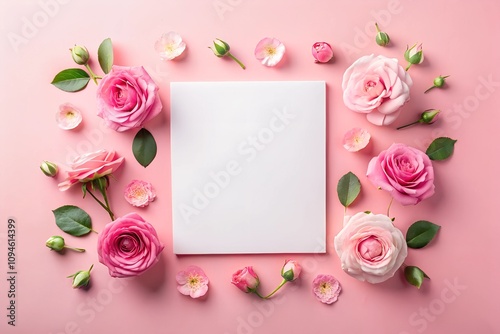 Mockup of a blank white square canvas surrounded by blooming pink roses and petals on a pink background. Perfect for Valentine's Day, wedding branding, or romantic-themed stationery.