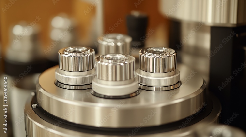 Close-up of a Stainless Steel Machine with Four Circular Components Close-up of a Stainless Steel Machine with Four Circular Components