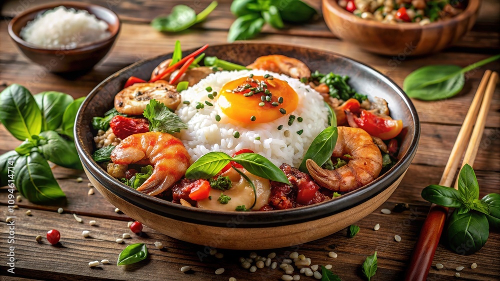 Delicious shrimp and pork seasoned with spicy basil, nestled over rice, crowned with a fried egg and sesame seeds, all presented in a rustic bowl. Delicious shrimp and pork seasoned with spicy basil, nestled over rice, crowned with a fried egg and sesame seeds, all presented in a rustic bowl.
