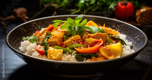 Colorful stir-fried chicken and vegetables on a bed of rice with fresh herbs and vibrant toppings