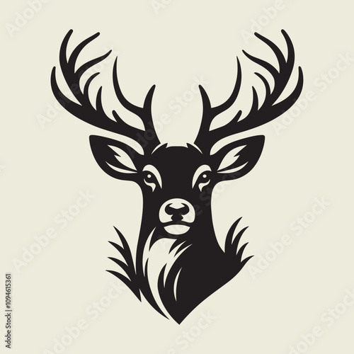 A drawing of a deer with antlers. Deer Silhouette with a beige background.
