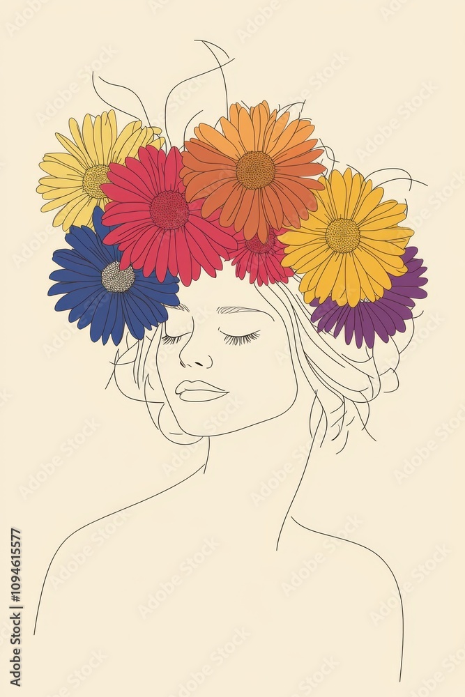 A minimal single line art of a woman adorned with a crown of colorful gerbera daisies, symbolizing joy and cheer, hand-drawn style minimalist line art, beige colors and vibrant mixed colors, cream A minimal single line art of a woman adorned with a crown of colorful gerbera daisies, symbolizing joy and cheer, hand-drawn style minimalist line art, beige colors and vibrant mixed colors, cream