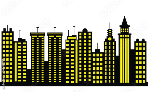 Silhouette of city buildings with illuminated windows, vector style