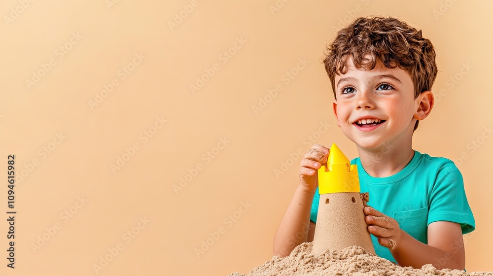 Joyful Child Building Sandcastle Indoors with Toy Bucket Against Beige Background in Studio Setting