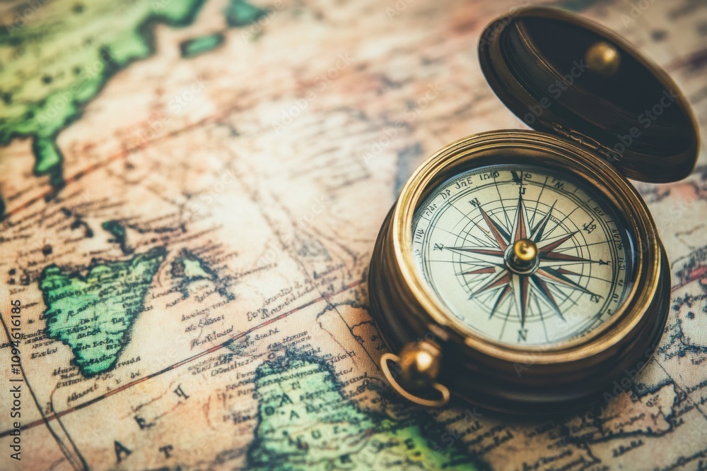 Compass rests on an old world map, symbolizing adventure and exploration across continents Compass rests on an old world map, symbolizing adventure and exploration across continents