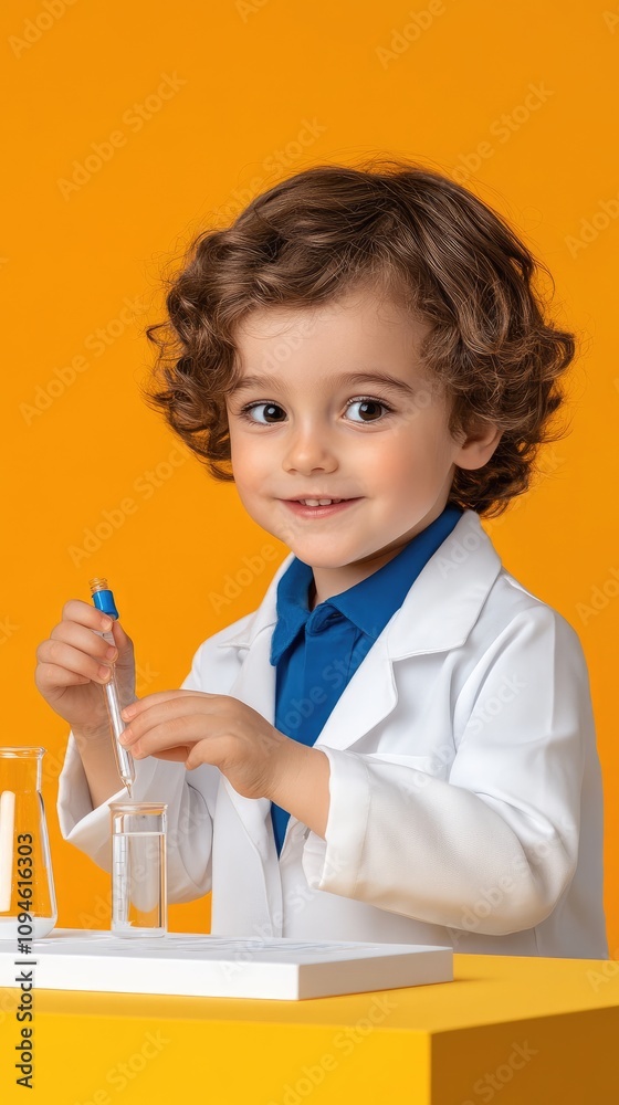 Adorable Child Scientist in Lab Coat Conducting Experiment with Test Tubes Against Vibrant Orange Background Adorable Child Scientist in Lab Coat Conducting Experiment with Test Tubes Against Vibrant Orange Background