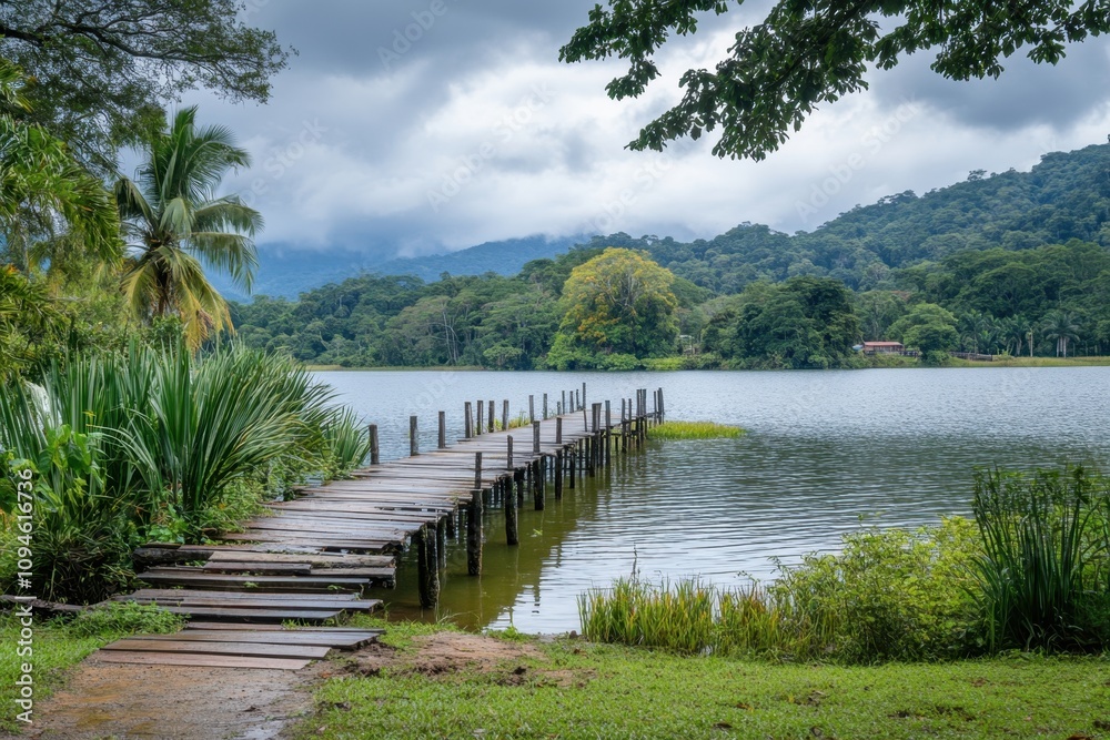 Fototapeta premium Serene wooden pier extending into a calm lake surrounded by lush greenery