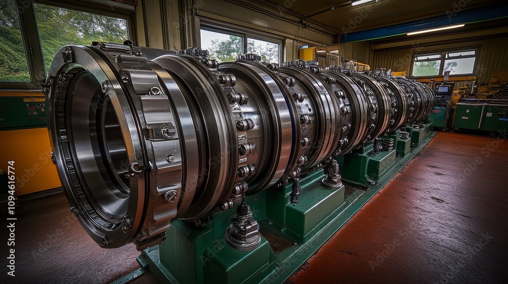 Obraz premium Industrial machinery with multiple circular components and metal structure