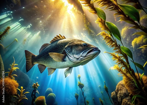Double-exposed black bass, a breathtaking nature photograph,  artfully enhanced by AI.