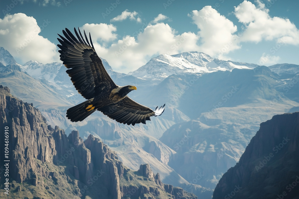 Fototapeta premium Majestic eagle soaring high above a rugged canyon. Generative AI