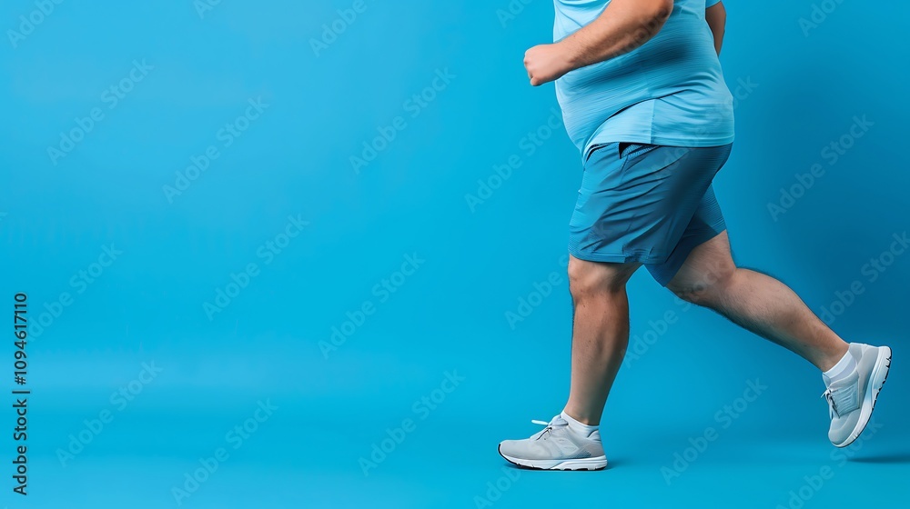 A person jogging against a blue background, promoting fitness and an active lifestyle. A person jogging against a blue background, promoting fitness and an active lifestyle.