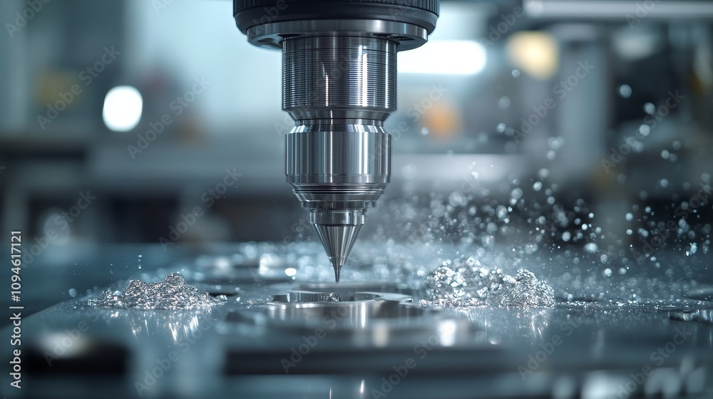 Close-up of a drilling machine cutting a metal surface with water coolant Close-up of a drilling machine cutting a metal surface with water coolant