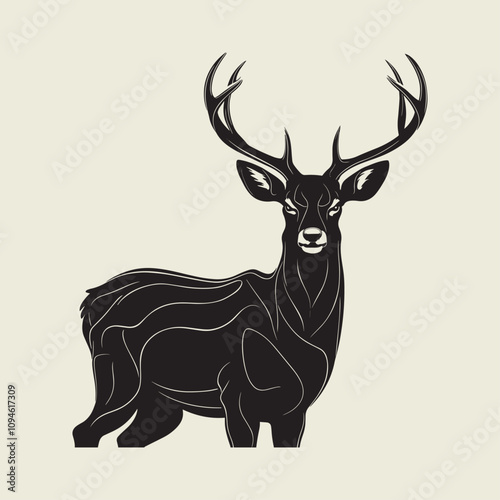 A drawing of a deer with antlers. Deer Silhouette with a beige background.