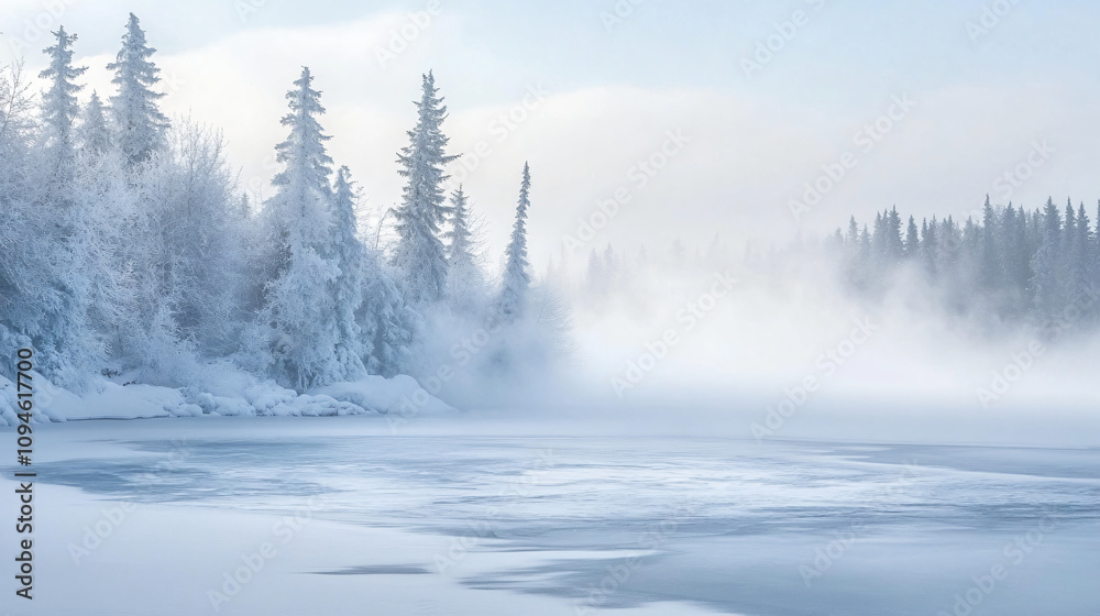 Obraz premium A detailed illustration of a frozen lake surrounded by snow-covered trees with a misty fog hovering over the water.