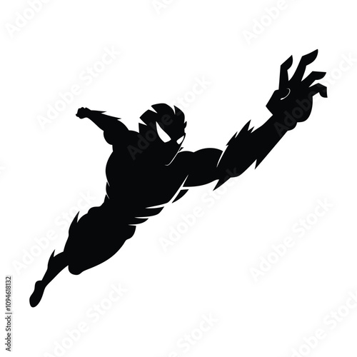 A black and white drawing of a superhero in mid air. The superhero is wearing a black suit and has a black helmet