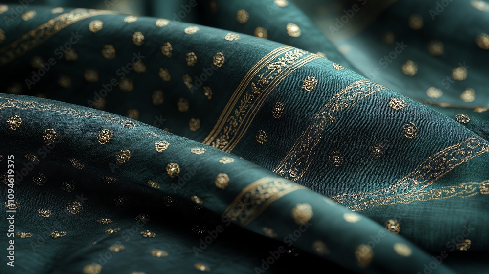 Fototapeta premium A close-up of luxurious fabric featuring intricate gold patterns on a deep green background.