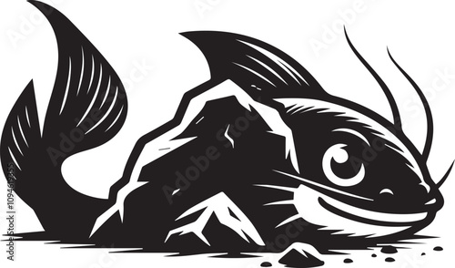 Sneaky catfish peeking from behind a rock vector silhouette