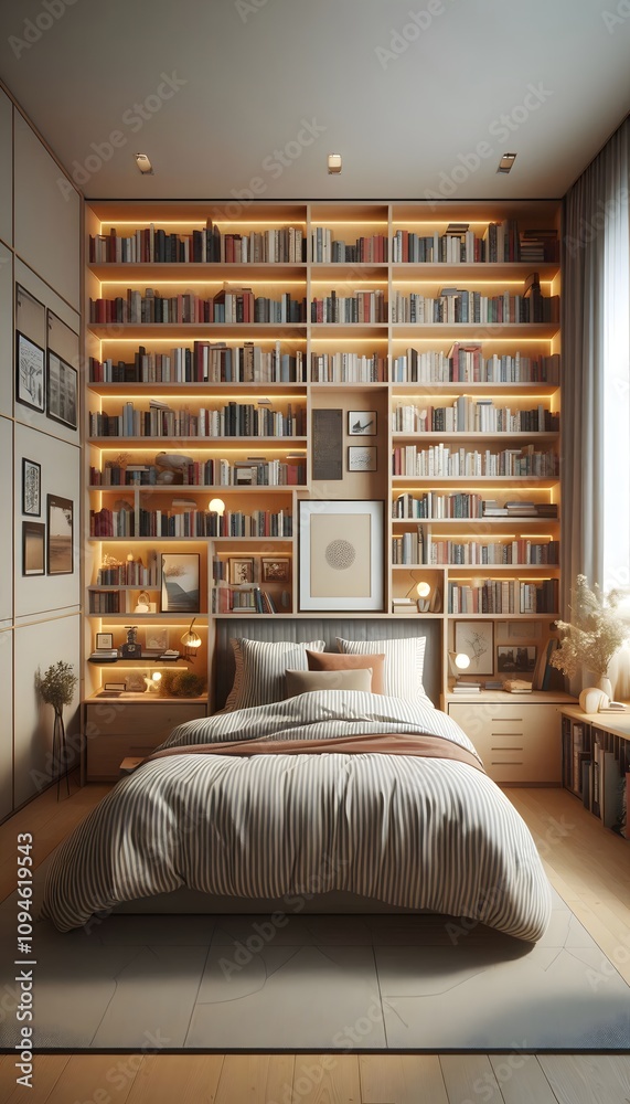 Bedroom with shelves full of books Bedroom with shelves full of books