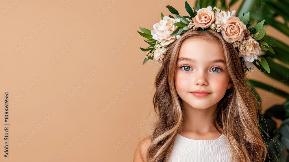 Fototapeta premium Portrait of a Young Girl with Floral Crown Against a Soft Peach Background, Highlighting Natural Beauty and Innocence