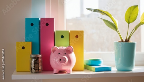 Brightly colored storage boxes and a piggy bank resting on a shelf next to a green plant, creating an inviting and organized workspace