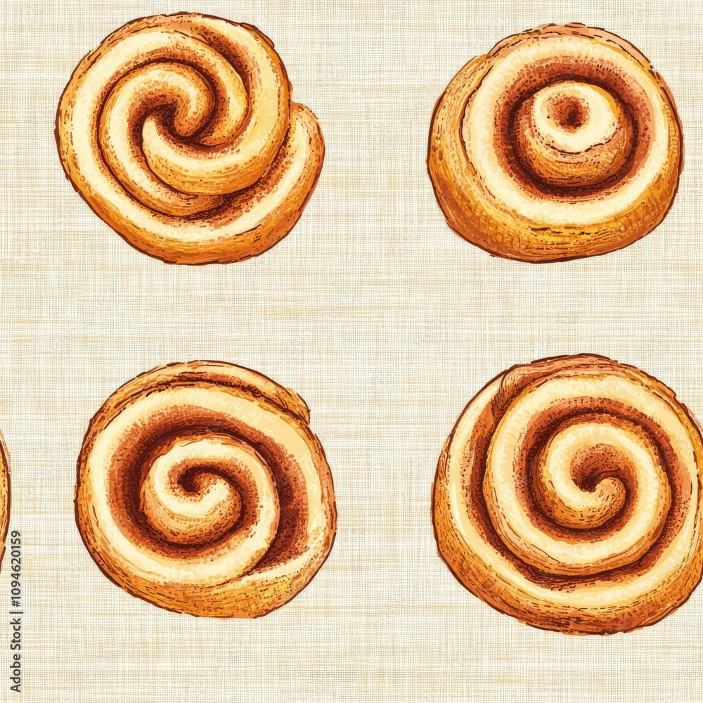 Fototapeta premium Vintage cinnamon rolls on vintage beige fabric background, seamless repeating pattern, textile print style, minimal, seamless dessert pattern design, breakfast decor, baking linens, kitchen decor