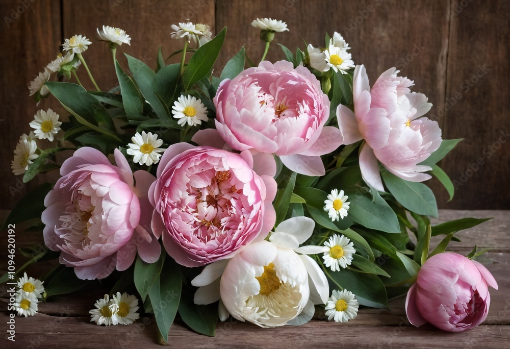 Romantic bouquet of pink peonies and white daisies with eucalyptus, on a vintage wooden table. Ai generated image. Romantic bouquet of pink peonies and white daisies with eucalyptus, on a vintage wooden table. Ai generated image.