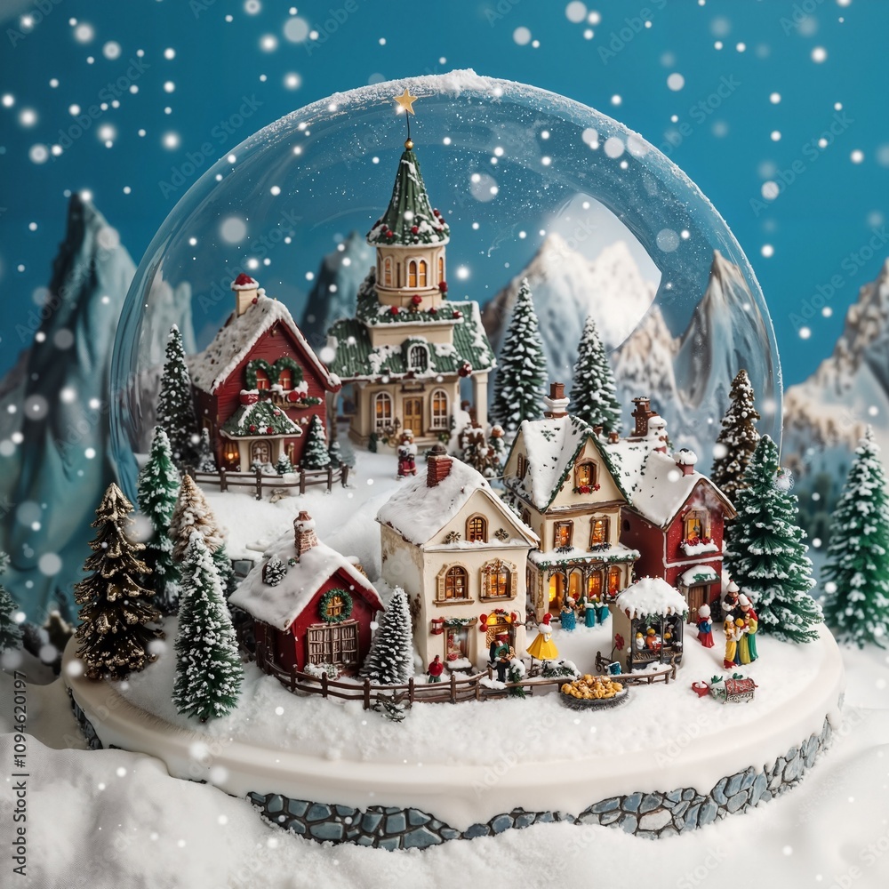 Fototapeta premium Traditional Christmas Village Snow Globe with Detailed Community Scene and Falling Snow