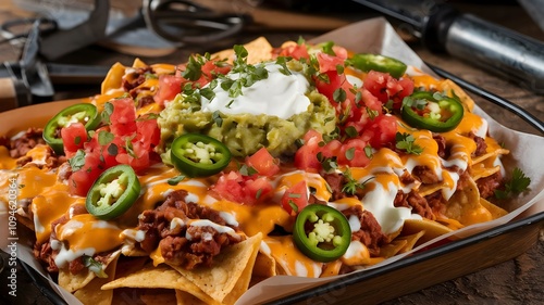 Crispy nachos loaded with melted cheese, guacamole, sour cream, jalapeños, and tomatoes served on baking tray with garnish
