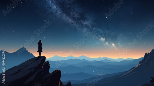 illustration of a view of a girl on top of the mountains.