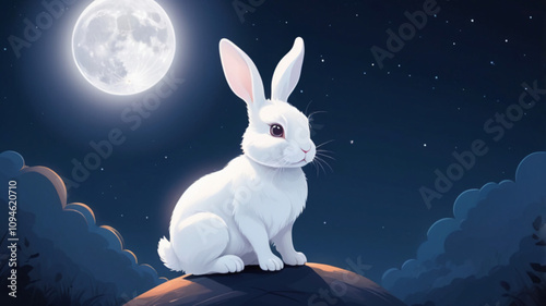 illustration of a cute rabbit scene at night, with a bright moon.