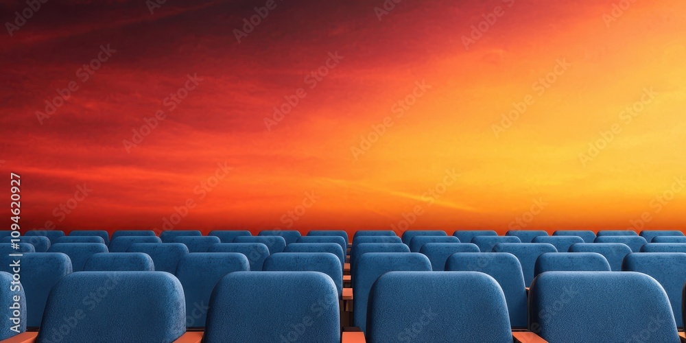 Obraz premium A vibrant sunset illuminates a row of blue seats, creating a serene atmosphere that invites contemplation and relaxation.