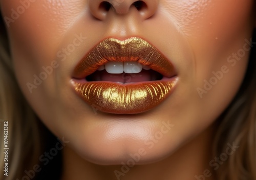 Glamorous golden lip makeup highlighting bold artistry at a beauty event photo