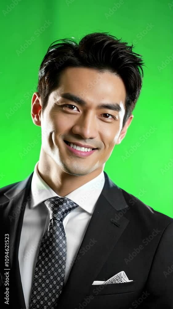 A young Asian professional businessman smiling confidently with a friendly and approachable demeanor. He is dressed in a sharp suit with a neatly pressed shirt and tie. Green screen or Chroma key A young Asian professional businessman smiling confidently with a friendly and approachable demeanor. He is dressed in a sharp suit with a neatly pressed shirt and tie. Green screen or Chroma key