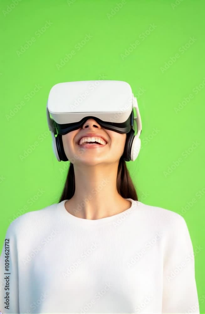 a young woman wearing a white VR glasses headset with a joyful smile, white shirt. green screen background or chroma key a young woman wearing a white VR glasses headset with a joyful smile, white shirt. green screen background or chroma key