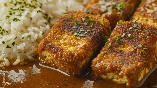 Delicious homemade tofu curry with rice cozy kitchen food photography vibrant colors culinary artistry