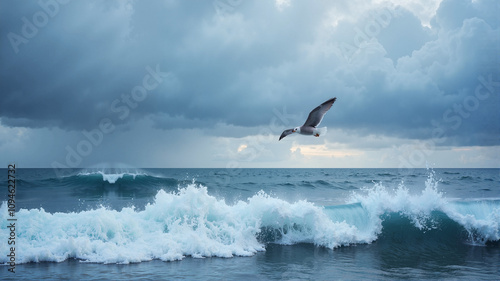 Seagull flying over ocean waves under a cloudy sky
