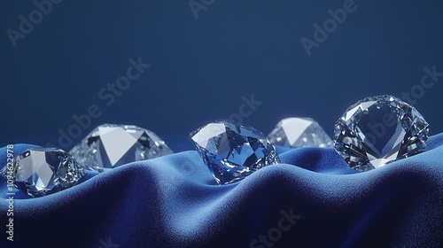 variety of ethical lab grown diamonds in different cuts and sizes, arranged on a sleek, modern surface of blue velvet , showcasing their versatility, minimal royal blue background with copy space