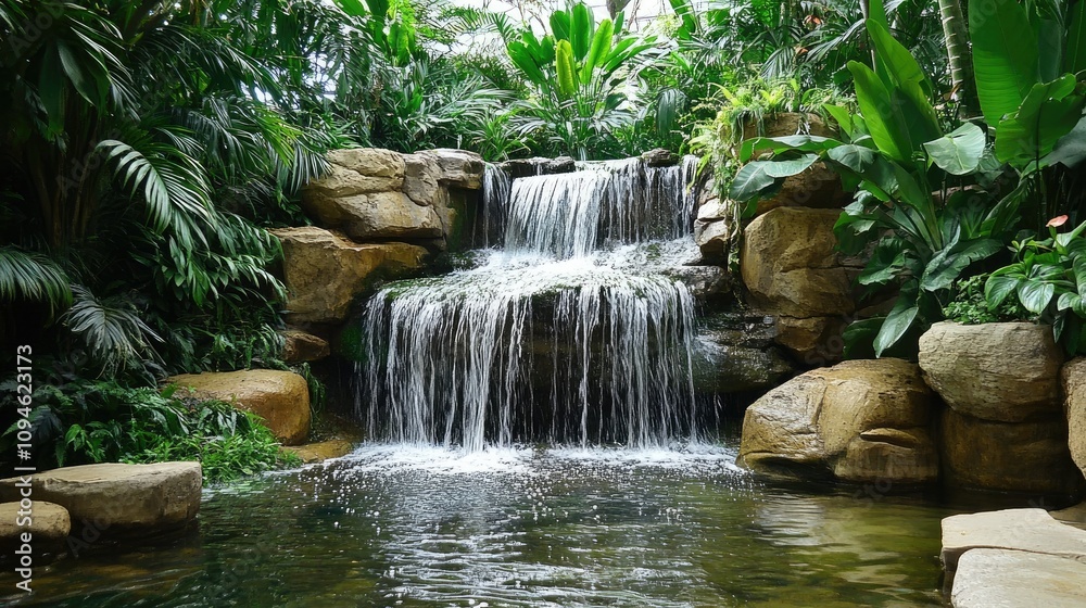 Tranquil waterfall cascading over rocks in a lush tropical garden. Tranquil waterfall cascading over rocks in a lush tropical garden.