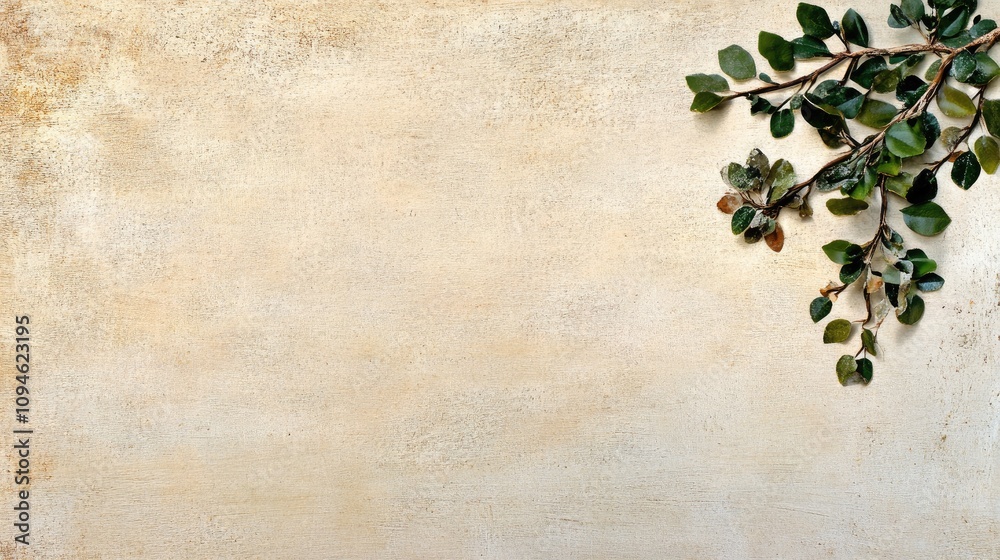 Minimalist Background with Greenery on Textured Beige Surface for Design and Decoration Projects Minimalist Background with Greenery on Textured Beige Surface for Design and Decoration Projects